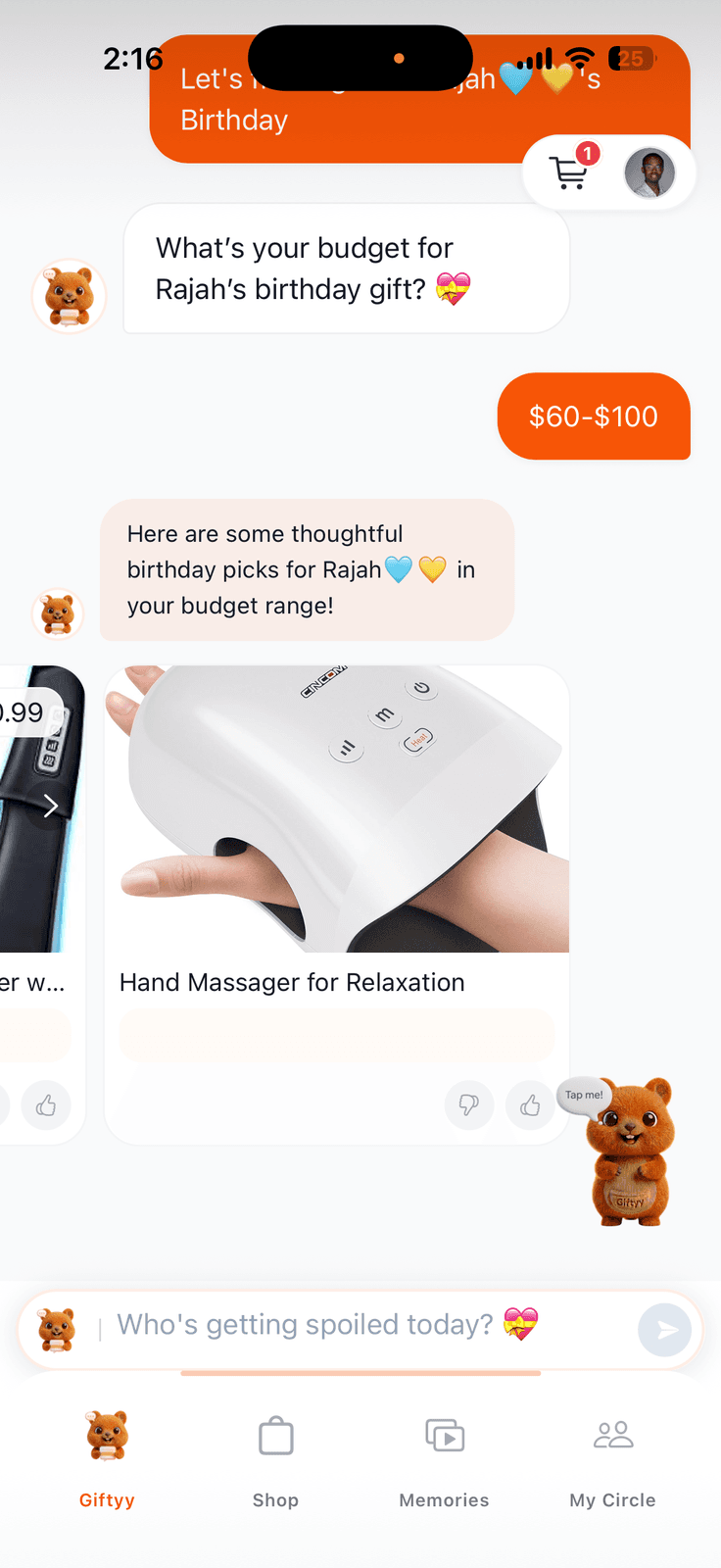 The Giftyy app: the mascot chat surfacing Neha's birthday three months ahead