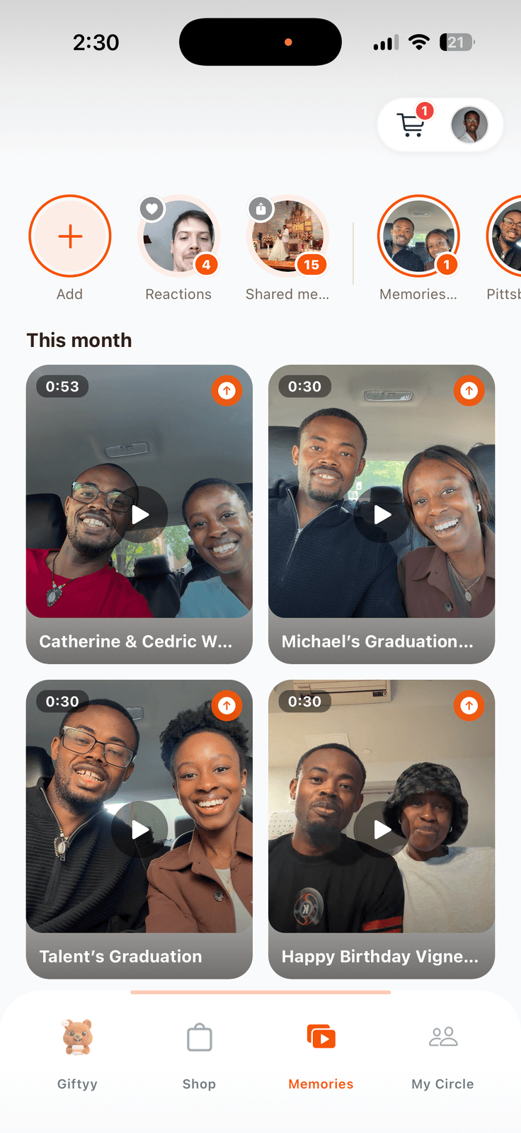 Giftyy app memories feed with recorded reaction videos