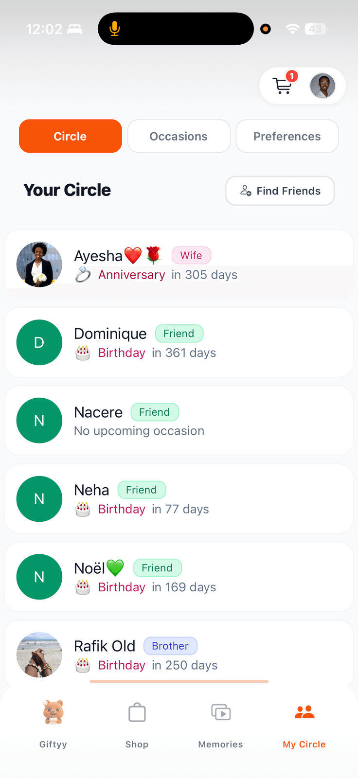 Giftyy app circle screen listing loved ones with upcoming occasions