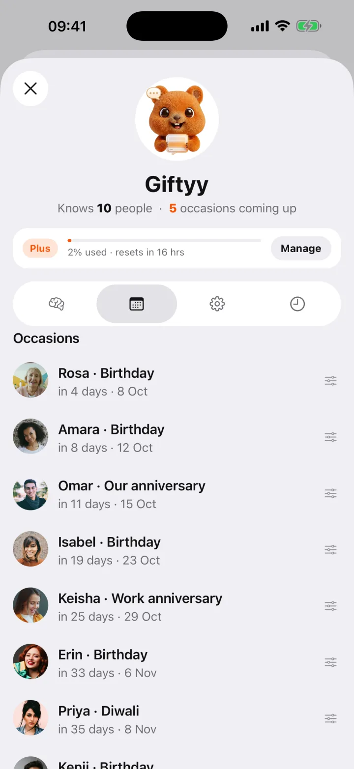 Giftyy listing upcoming occasions: birthdays, an anniversary, Diwali