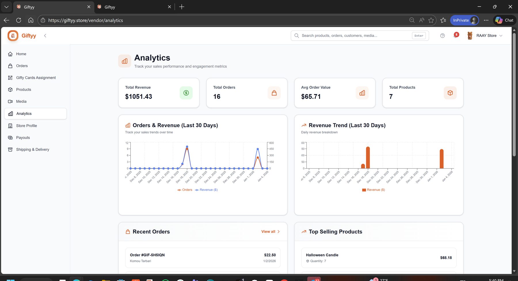 The Giftyy vendor dashboard